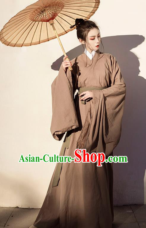 China Ancient Swordsman Hanfu Clothing Traditional Jin Dynasty Scholar Brown Long Robe