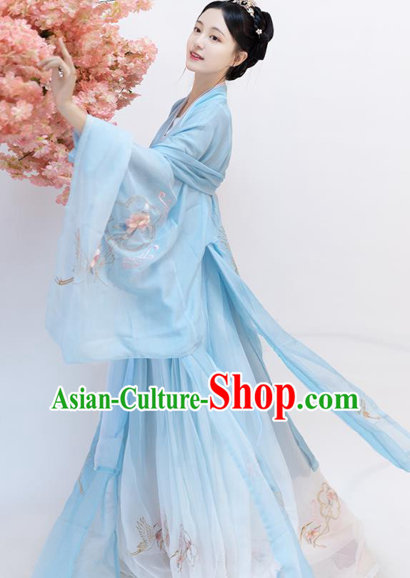 China Ancient Goddess Blue Hanfu Dress Clothing Traditional Song Dynasty Nobility Lady Historical Costumes