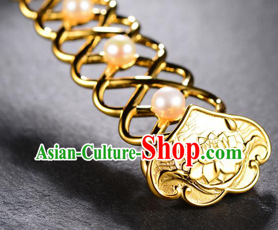 China Ancient Imperial Empress Golden Hairpin Handmade Traditional Tang Dynasty Pearls Hair Stick