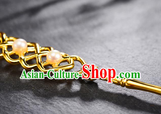 China Ancient Imperial Empress Golden Hairpin Handmade Traditional Tang Dynasty Pearls Hair Stick