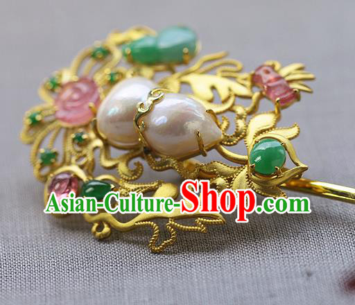 China Ancient Empress Pearls Gems Hairpin Handmade Traditional Ming Dynasty Court Hair Stick
