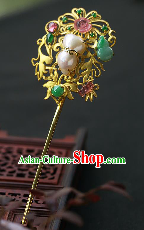 China Ancient Empress Pearls Gems Hairpin Handmade Traditional Ming Dynasty Court Hair Stick