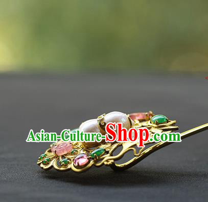 China Ancient Empress Pearls Gems Hairpin Handmade Traditional Ming Dynasty Court Hair Stick