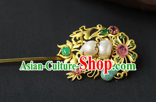China Ancient Empress Pearls Gems Hairpin Handmade Traditional Ming Dynasty Court Hair Stick