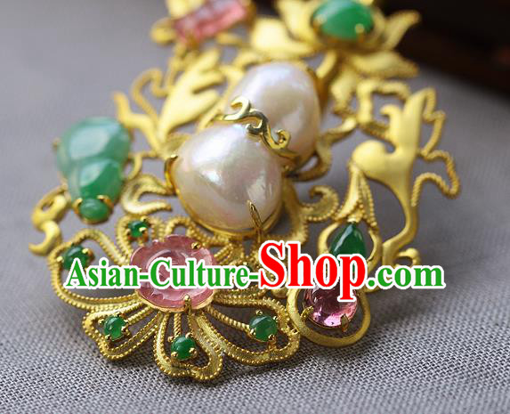 China Ancient Empress Pearls Gems Hairpin Handmade Traditional Ming Dynasty Court Hair Stick