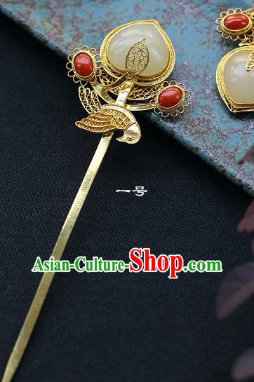China Ancient Empress Jade Peach Hairpin Handmade Traditional Ming Dynasty Golden Hair Stick