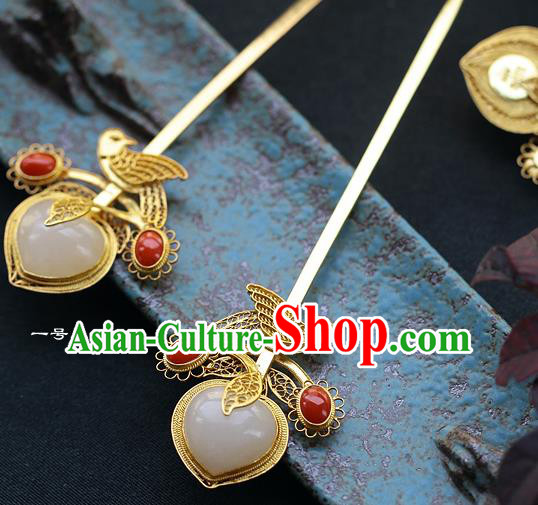 China Ancient Empress Jade Peach Hairpin Handmade Traditional Ming Dynasty Golden Hair Stick