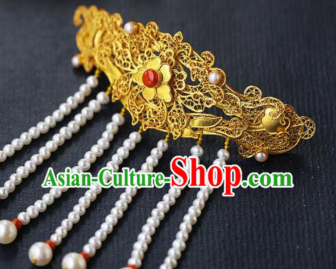 China Ancient Princess Pearls Tassel Hairpin Handmade Traditional Ming Dynasty Filigree Hair Stick