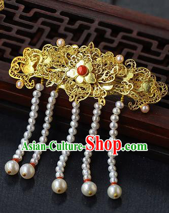 China Ancient Princess Pearls Tassel Hairpin Handmade Traditional Ming Dynasty Filigree Hair Stick