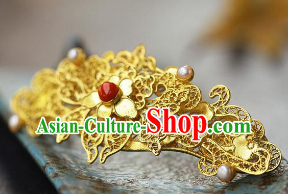 China Ancient Princess Pearls Tassel Hairpin Handmade Traditional Ming Dynasty Filigree Hair Stick