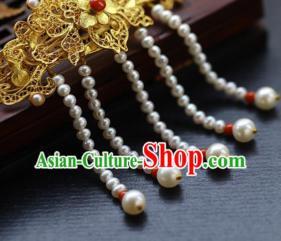 China Ancient Princess Pearls Tassel Hairpin Handmade Traditional Ming Dynasty Filigree Hair Stick