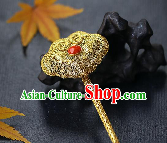 China Ancient Empress Filigree Hairpin Handmade Traditional Ming Dynasty Ruby Hair Stick