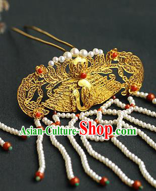 China Ancient Palace Woman Golden Phoenix Hairpin Handmade Traditional Ming Dynasty Pearls Tassel Step Shake