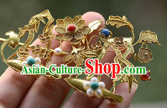 China Ancient Queen Filigree Hairpin Handmade Traditional Ming Dynasty Pearls Tassel Hair Stick