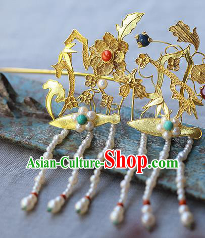 China Ancient Queen Filigree Hairpin Handmade Traditional Ming Dynasty Pearls Tassel Hair Stick
