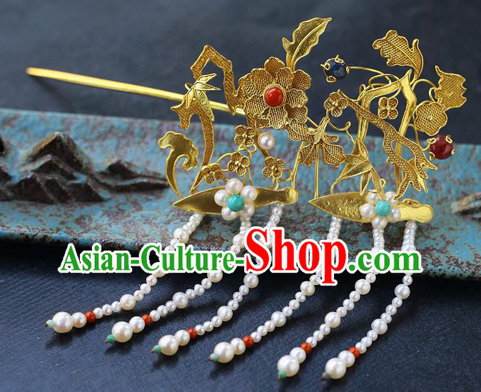 China Ancient Queen Filigree Hairpin Handmade Traditional Ming Dynasty Pearls Tassel Hair Stick