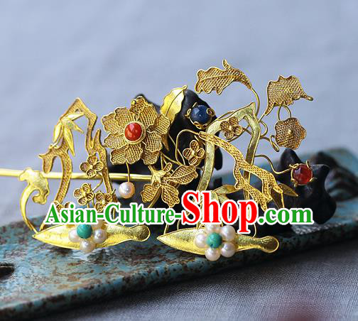China Ancient Queen Filigree Hairpin Handmade Traditional Ming Dynasty Pearls Tassel Hair Stick
