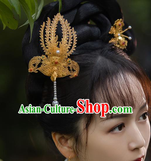 China Handmade Ancient Noble Lady Tassel Hairpin Traditional Ming Dynasty Filigree Phoenix Hair Stick