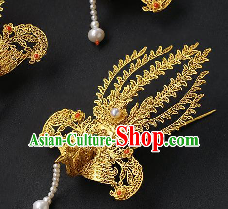 China Handmade Ancient Noble Lady Tassel Hairpin Traditional Ming Dynasty Filigree Phoenix Hair Stick