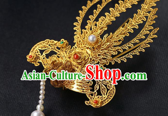 China Handmade Ancient Noble Lady Tassel Hairpin Traditional Ming Dynasty Filigree Phoenix Hair Stick