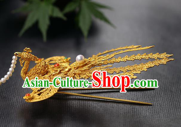 China Handmade Ancient Noble Lady Tassel Hairpin Traditional Ming Dynasty Filigree Phoenix Hair Stick