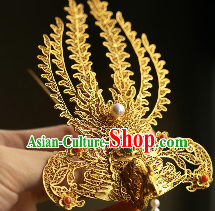 China Handmade Ancient Noble Lady Tassel Hairpin Traditional Ming Dynasty Filigree Phoenix Hair Stick