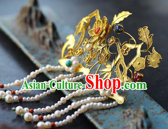China Ancient Queen Filigree Hairpin Handmade Traditional Ming Dynasty Pearls Tassel Hair Stick