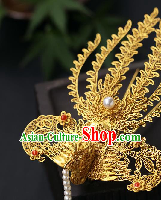 China Handmade Ancient Noble Lady Tassel Hairpin Traditional Ming Dynasty Filigree Phoenix Hair Stick