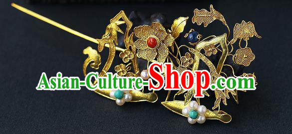 China Ancient Queen Filigree Hairpin Handmade Traditional Ming Dynasty Pearls Tassel Hair Stick