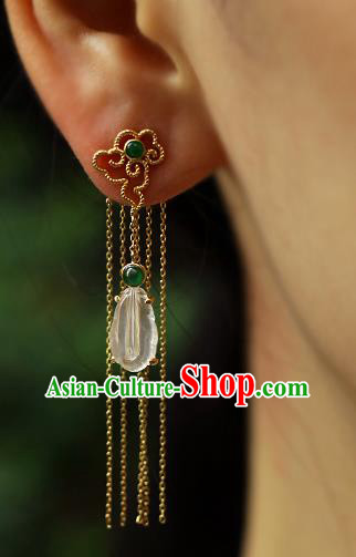 Chinese Handmade Jade Ear Accessories Traditional Cheongsam Golden Tassel Earrings