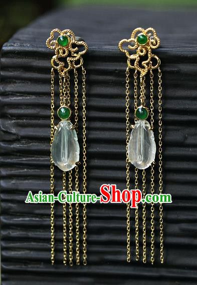 Chinese Handmade Jade Ear Accessories Traditional Cheongsam Golden Tassel Earrings