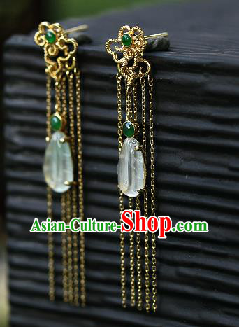 Chinese Handmade Jade Ear Accessories Traditional Cheongsam Golden Tassel Earrings