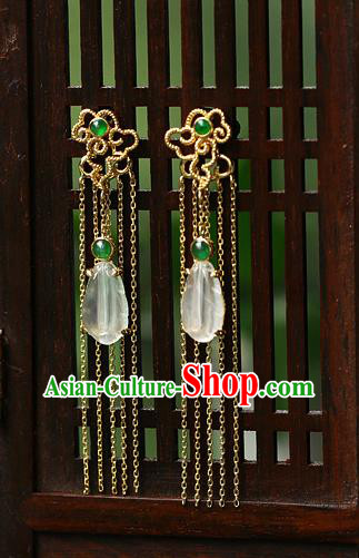 Chinese Handmade Jade Ear Accessories Traditional Cheongsam Golden Tassel Earrings