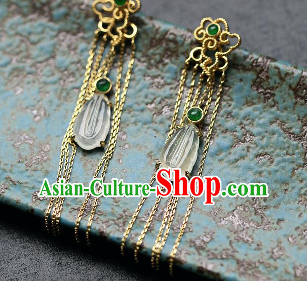 Chinese Handmade Jade Ear Accessories Traditional Cheongsam Golden Tassel Earrings