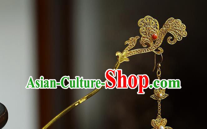 China Ancient Court Woman Golden Tassel Hairpin Handmade Traditional Tang Dynasty Filigree Hair Stick