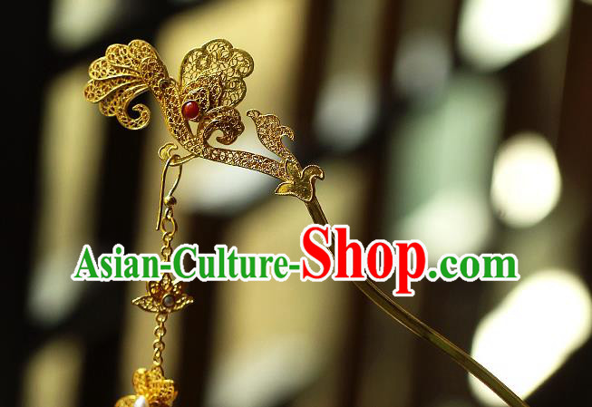 China Ancient Court Woman Golden Tassel Hairpin Handmade Traditional Tang Dynasty Filigree Hair Stick