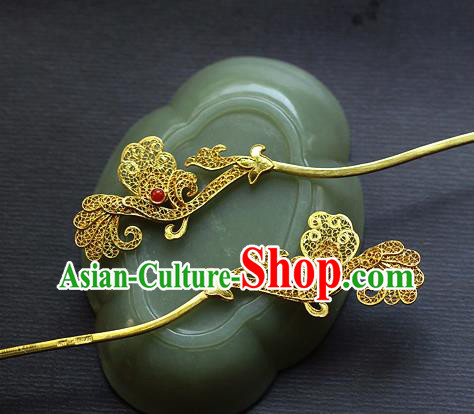 China Ancient Court Woman Golden Tassel Hairpin Handmade Traditional Tang Dynasty Filigree Hair Stick