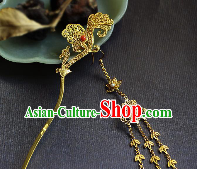 China Ancient Court Woman Golden Tassel Hairpin Handmade Traditional Tang Dynasty Filigree Hair Stick
