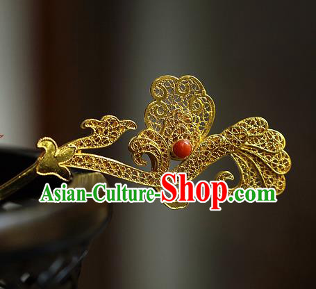 China Ancient Court Woman Golden Tassel Hairpin Handmade Traditional Tang Dynasty Filigree Hair Stick