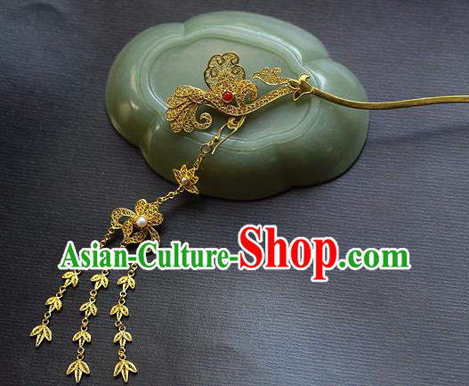 China Ancient Court Woman Golden Tassel Hairpin Handmade Traditional Tang Dynasty Filigree Hair Stick