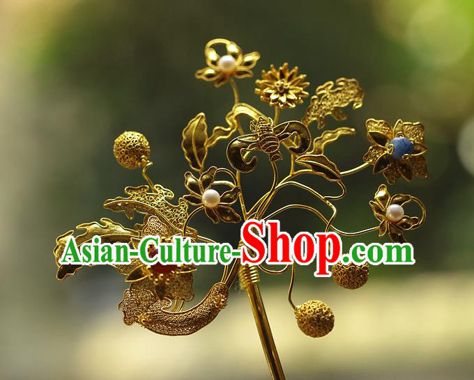 China Ancient Empress Pearls Agate Hairpin Handmade Traditional Ming Dynasty Golden Bat Hair Stick