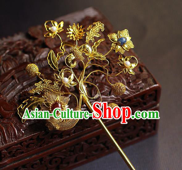 China Ancient Empress Pearls Agate Hairpin Handmade Traditional Ming Dynasty Golden Bat Hair Stick