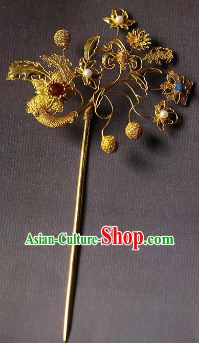 China Ancient Empress Pearls Agate Hairpin Handmade Traditional Ming Dynasty Golden Bat Hair Stick