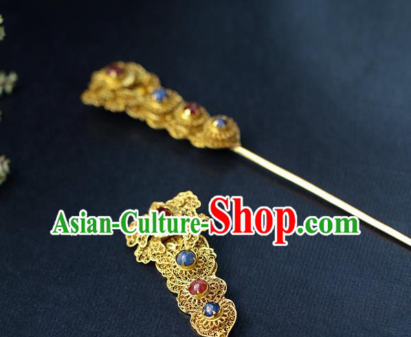 China Ancient Court Beauty Gems Headpiece Traditional Ming Dynasty Empress Filigree Peony Hairpin