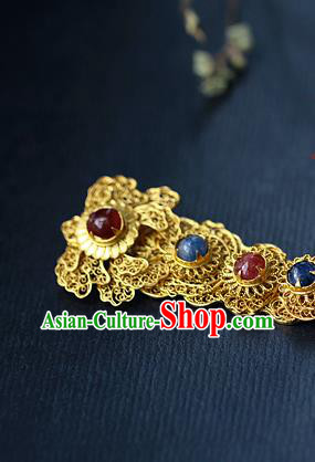 China Ancient Court Beauty Gems Headpiece Traditional Ming Dynasty Empress Filigree Peony Hairpin
