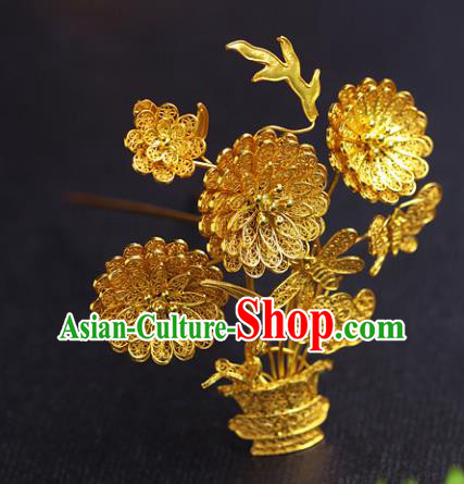 China Ancient Royal Rani Hair Stick Traditional Ming Dynasty Court Filigree Chrysanthemum Hairpin