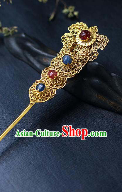 China Ancient Court Beauty Gems Headpiece Traditional Ming Dynasty Empress Filigree Peony Hairpin