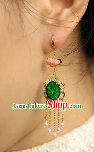 Chinese Handmade Pearls Tassel Ear Accessories Traditional Cheongsam Jadeite Butterfly Earrings