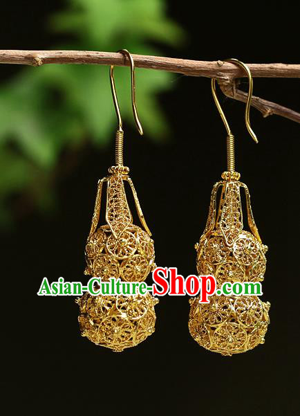 Chinese Handmade Filigree Ear Accessories Traditional Cheongsam Golden Gourd Earrings