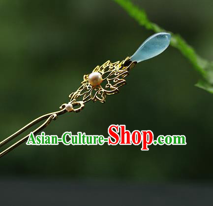 China Ancient Princess Hair Jewelry Traditional Tang Dynasty Palace Lady Aquamarine Hairpin